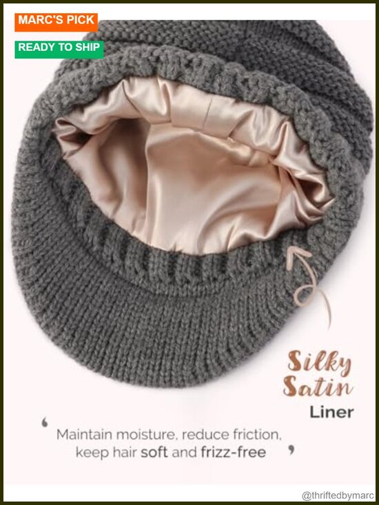 Satin Lined Winter Beanie Hat Women Slouchy Visor Brim